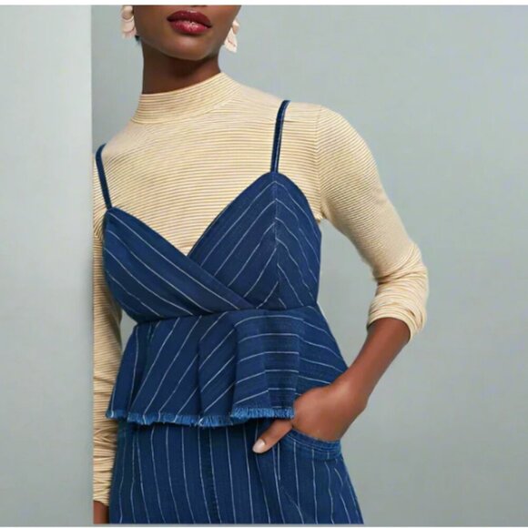Anthropologie Denim Jumpsuit Womens Blue Sleeveless Peplum Ruffled Striped Long - Picture 5 of 9